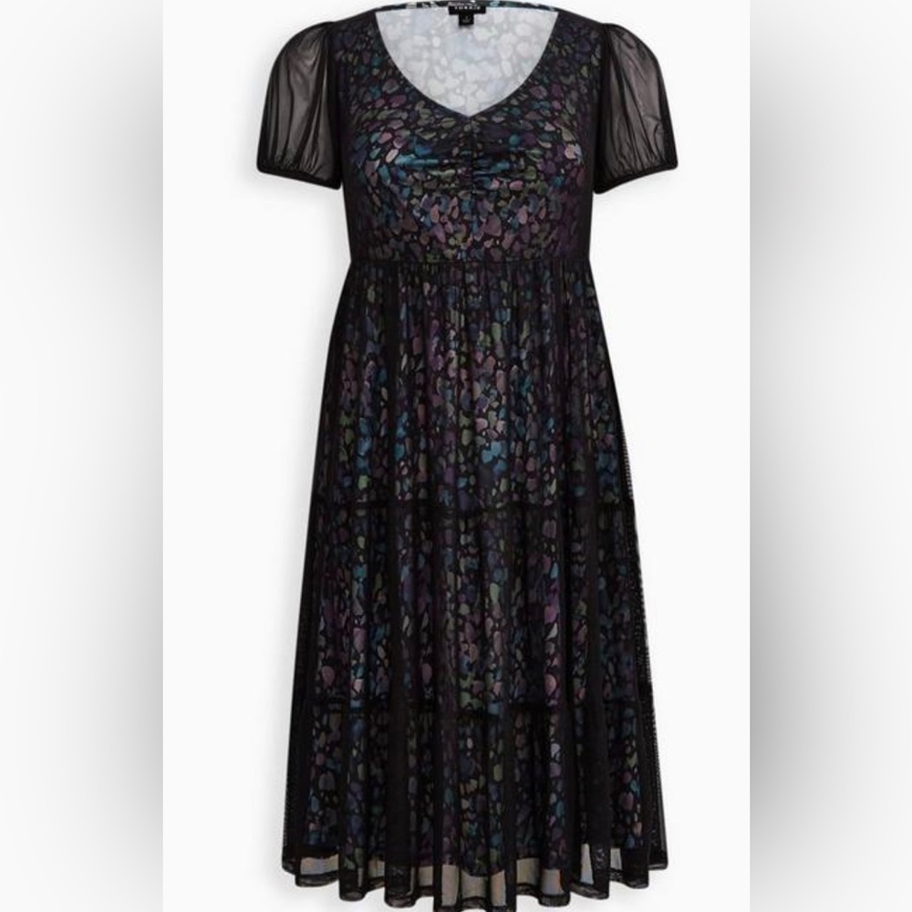 Torrid Tiered Midi Dress - Soft Mesh Spotted Black - Picture 2 of 9
